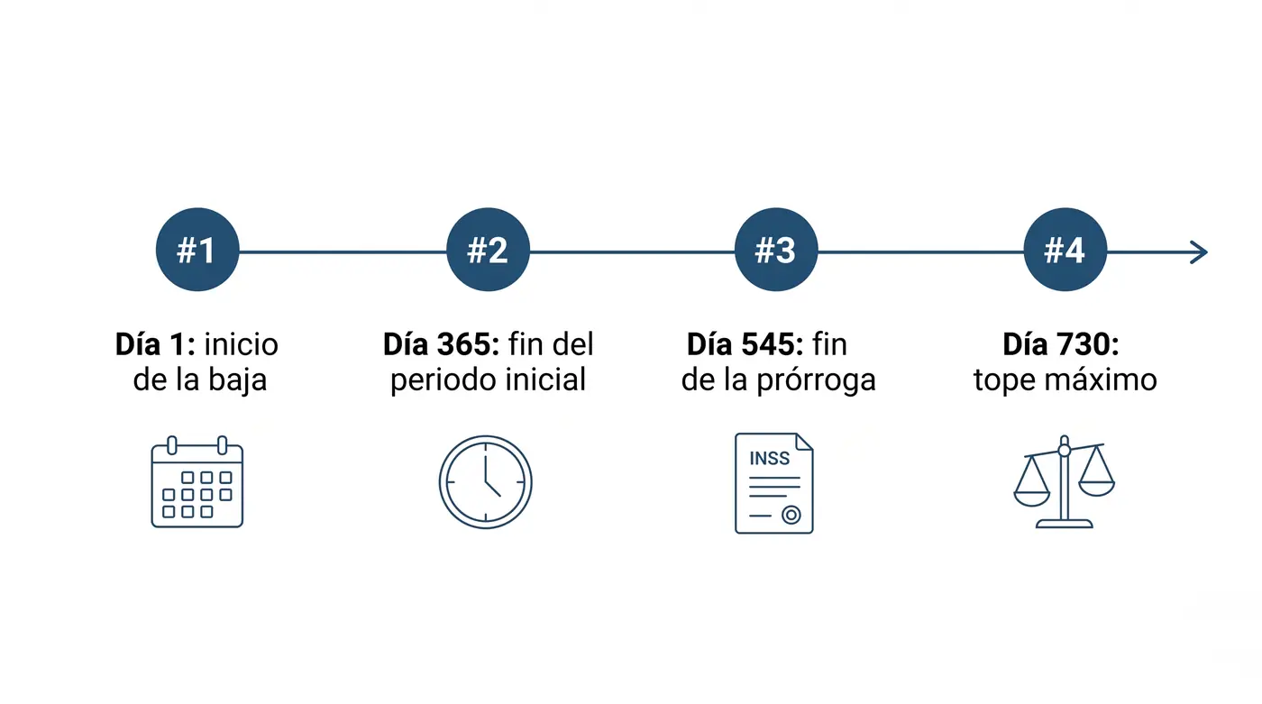 Infografía de la línea de tiempo de la baja médica: día 1 inicio, día 365 fin del periodo inicial, día 545 fin de la prórroga a los 18 meses y día 730 tope absoluto a los 24 meses
