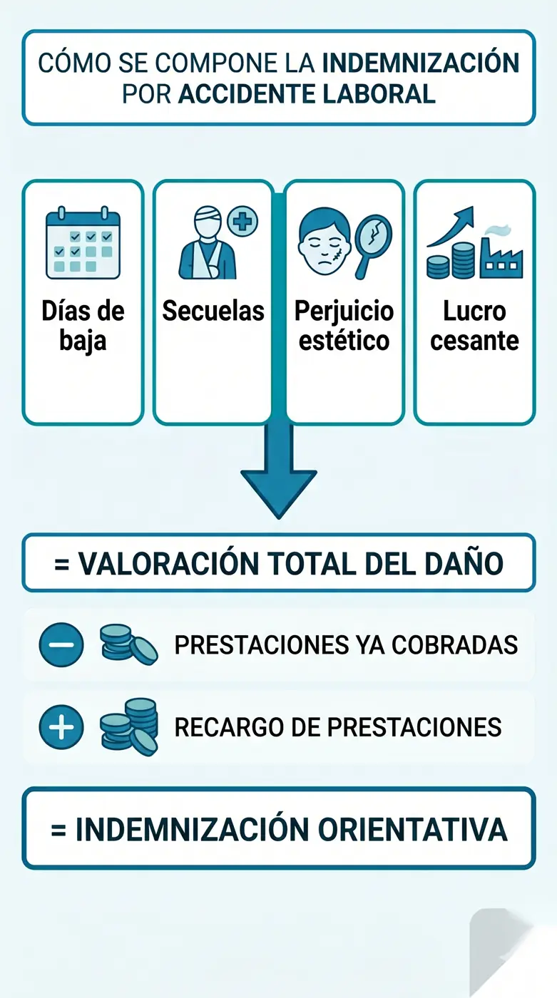 Infografía de las partidas de la indemnización por accidente laboral: días de baja, secuelas, perjuicio estético, lucro cesante, menos prestaciones cobradas y más recargo