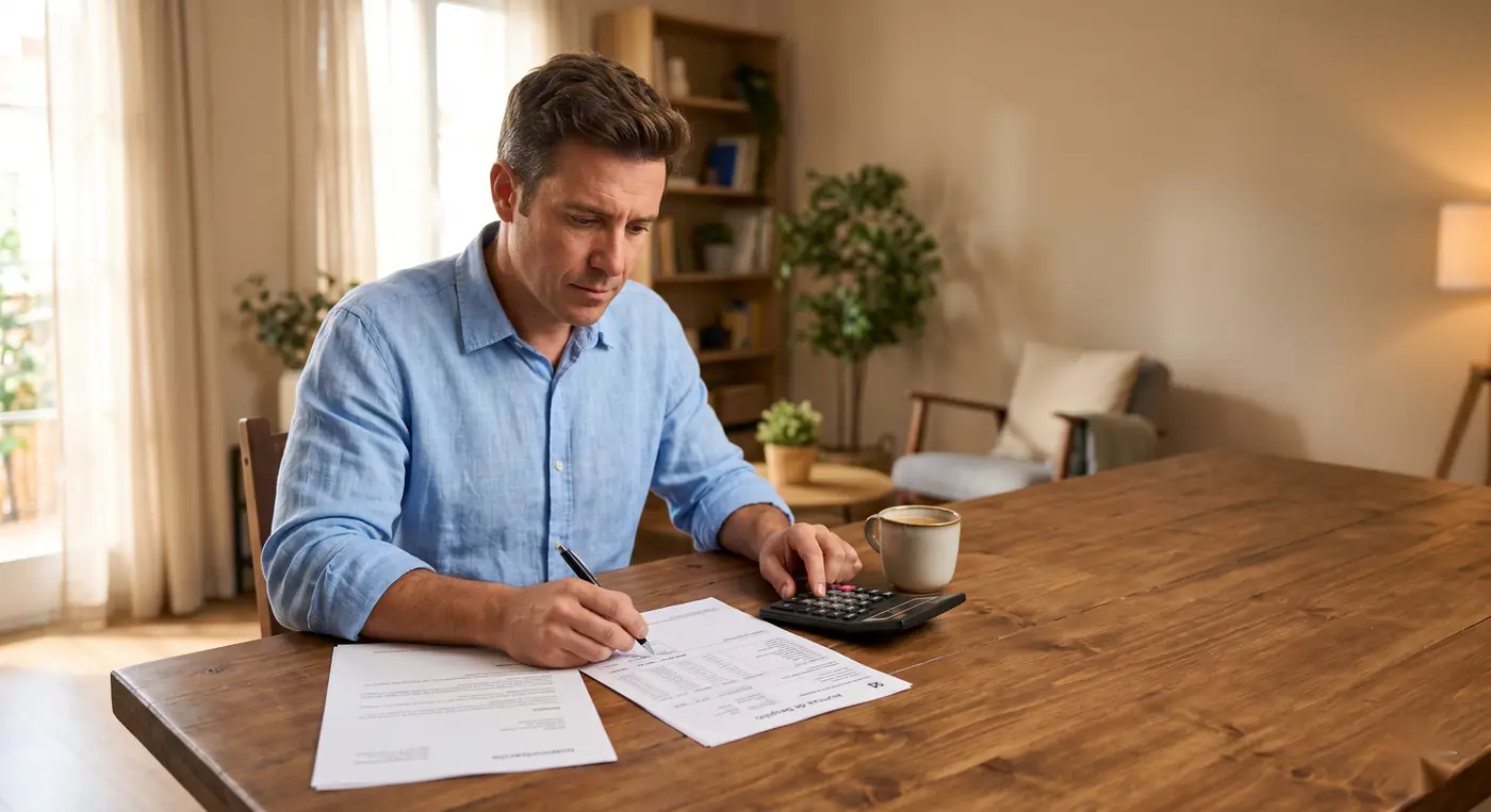 Hombre calculando en casa su indemnización por despido y revisando el finiquito