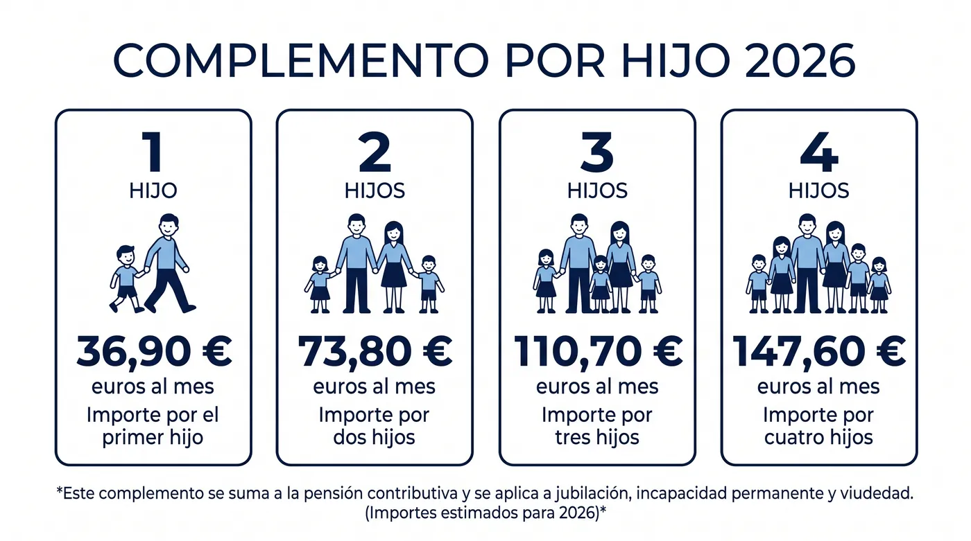 Infografía con la cuantía 2026 del complemento de brecha de género por número de hijos: 36,90 € al mes por hijo, hasta 4 hijos
