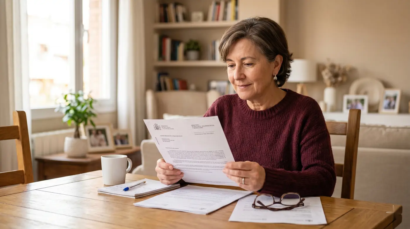 Mujer mayor revisando en casa la resolución de su pensión y una carta del INSS sobre el complemento