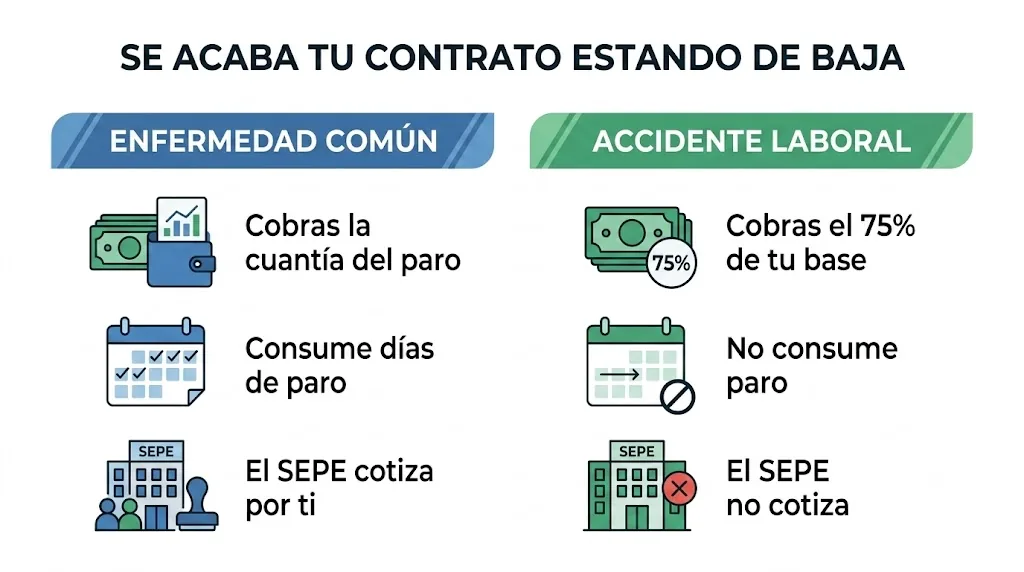 Infografía: qué cobras al acabar el contrato estando de baja según enfermedad común o accidente laboral