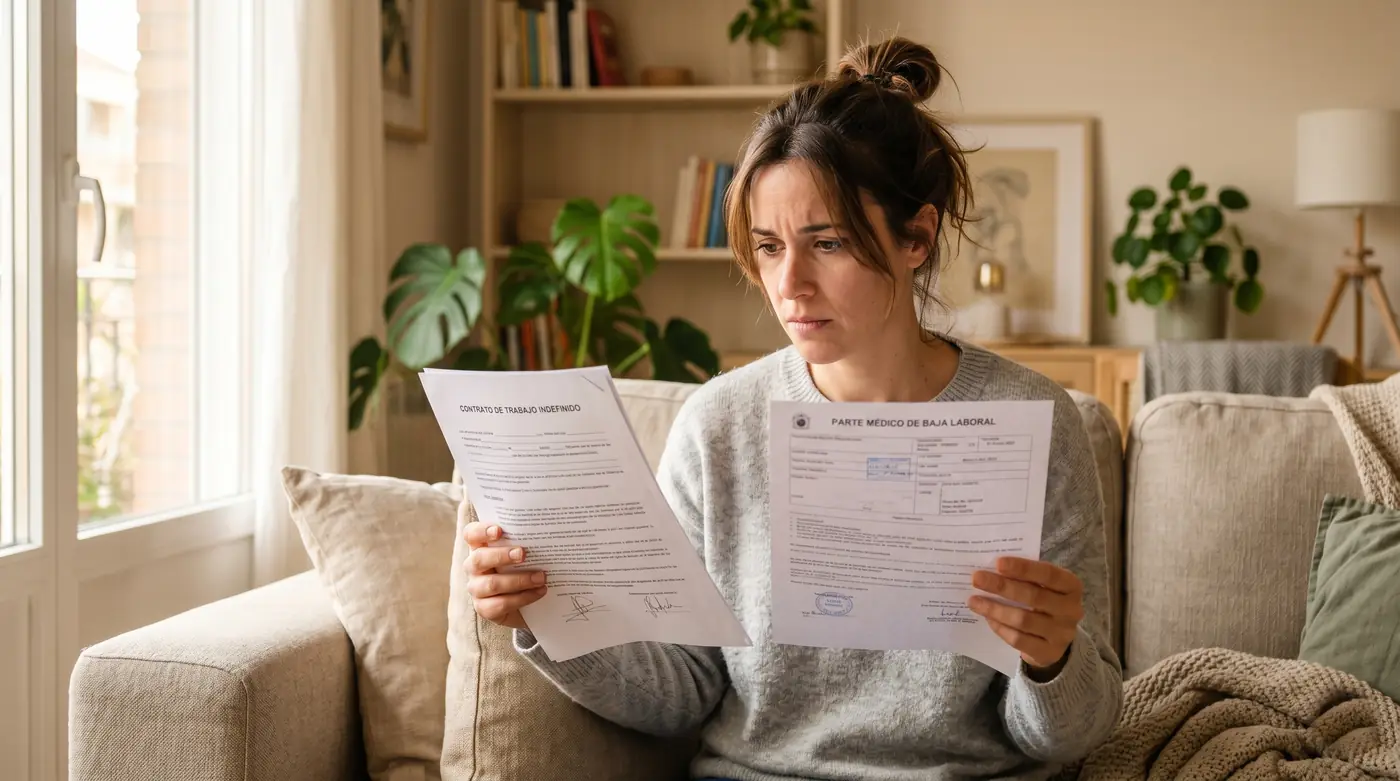 Trabajadora temporal de baja médica revisa su contrato que está a punto de vencer