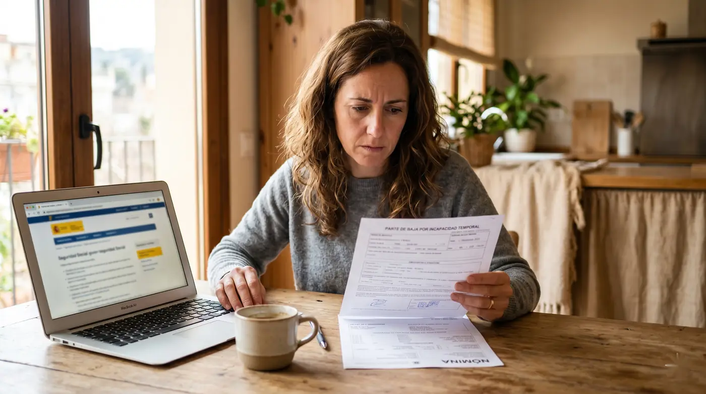 Trabajadora revisando su parte de baja por incapacidad temporal y la nómina en casa, con el portátil en la web de la Seguridad Social