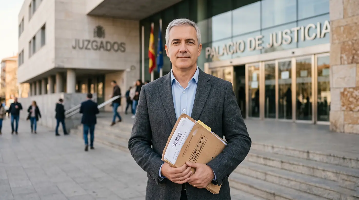 Trabajador con sus informes médicos ante el Juzgado de lo Social antes del juicio por incapacidad permanente