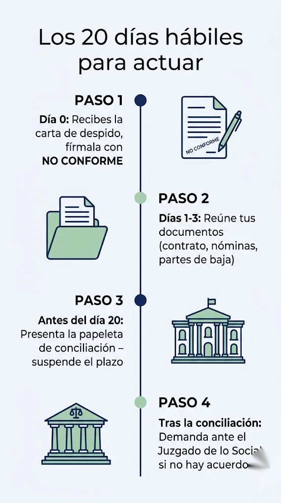 Infografía con la cronología de los 20 días hábiles para impugnar un despido durante la baja médica
