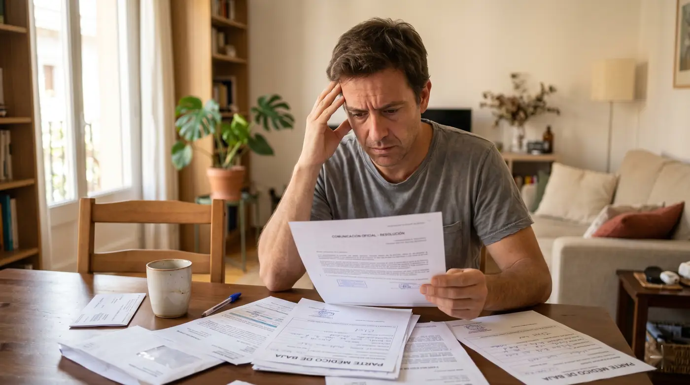 Trabajador de baja médica leyendo en casa una carta de despido con sus partes de baja sobre la mesa