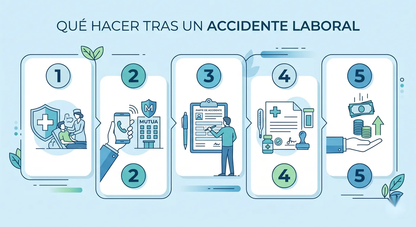 Infografía con los cinco pasos a seguir si una empleada de hogar sufre un accidente laboral: atención médica, avisar a la mutua, parte de accidente, parte de baja y solicitar el pago directo