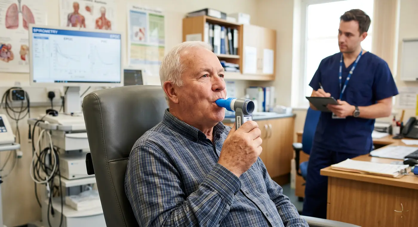 Hombre mayor realizando prueba de espirometría para solicitar incapacidad permanente por EPOC