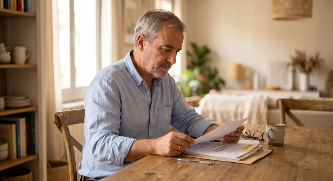 Hombre de unos 50 años con incapacidad permanente revisando en casa los documentos para solicitar su grado de discapacidad