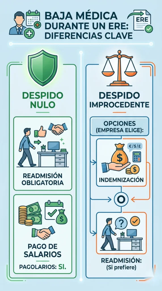 Infografía que explica cuándo un despido en un ERE es nulo o improcedente para un trabajador de baja