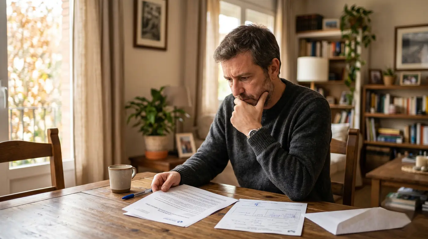 Trabajador de baja médica revisando en casa la comunicación de un ERE de su empresa