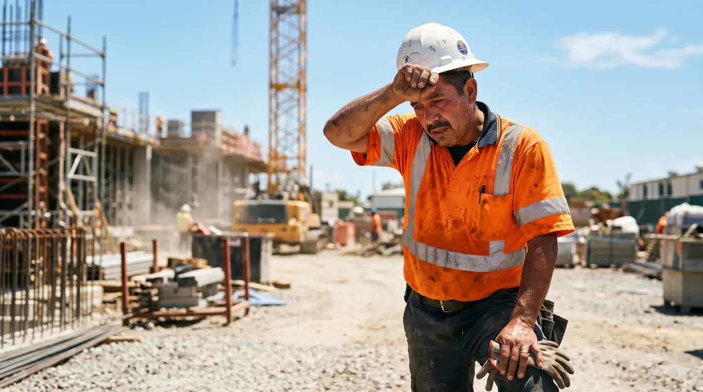 Trabajador de obra al sol secándose el sudor con síntomas de golpe de calor