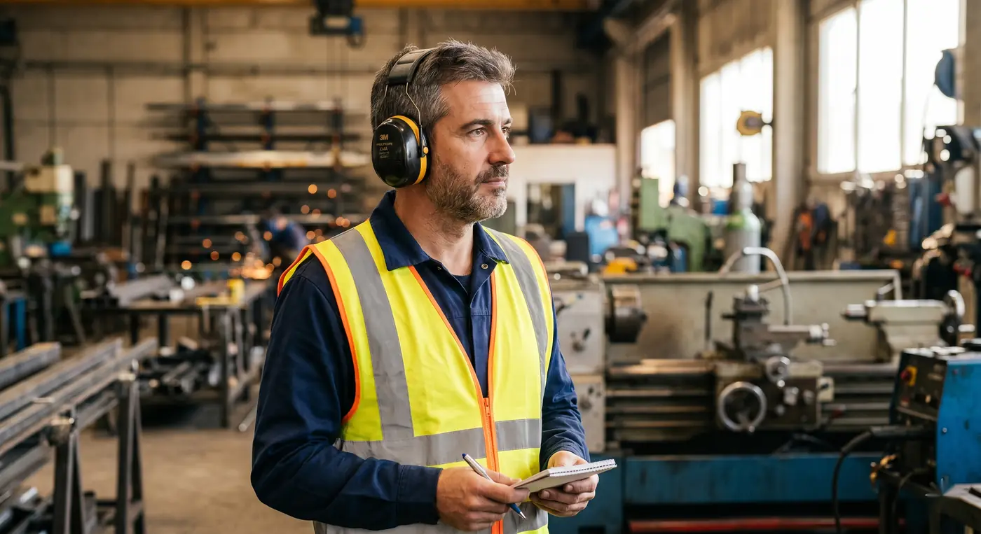 Trabajador con cascos de protección auditiva en un taller industrial con ruido, riesgo de hipoacusia profesional