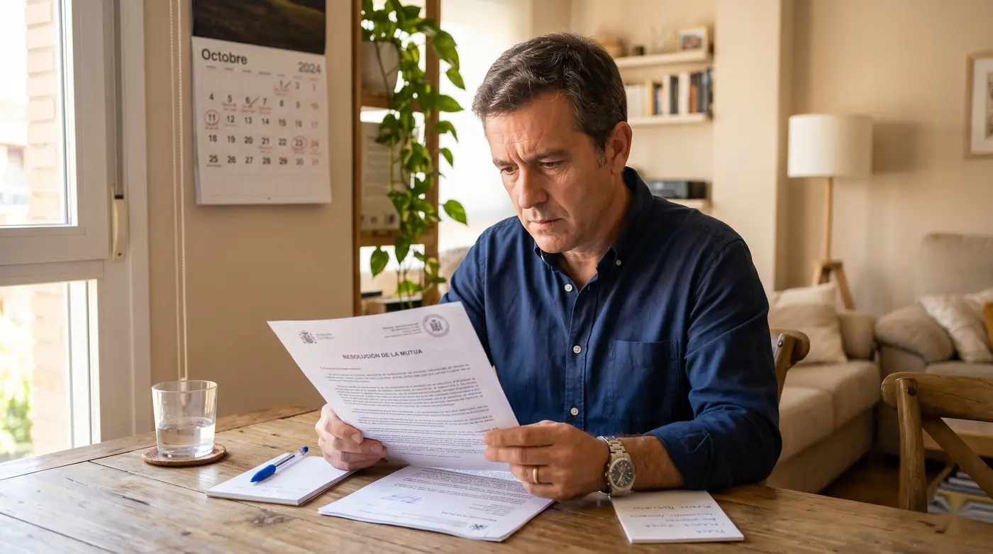Hombre de unos 50 años revisa en casa el parte de accidente de trabajo y la carta del INSS sobre su incapacidad permanente
