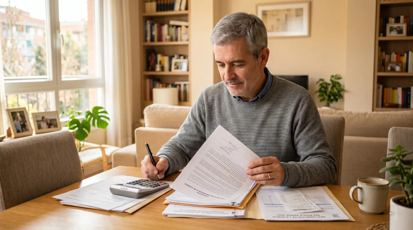 Pensionista de incapacidad permanente revisando el contrato de alquiler de su piso y la declaración de la renta