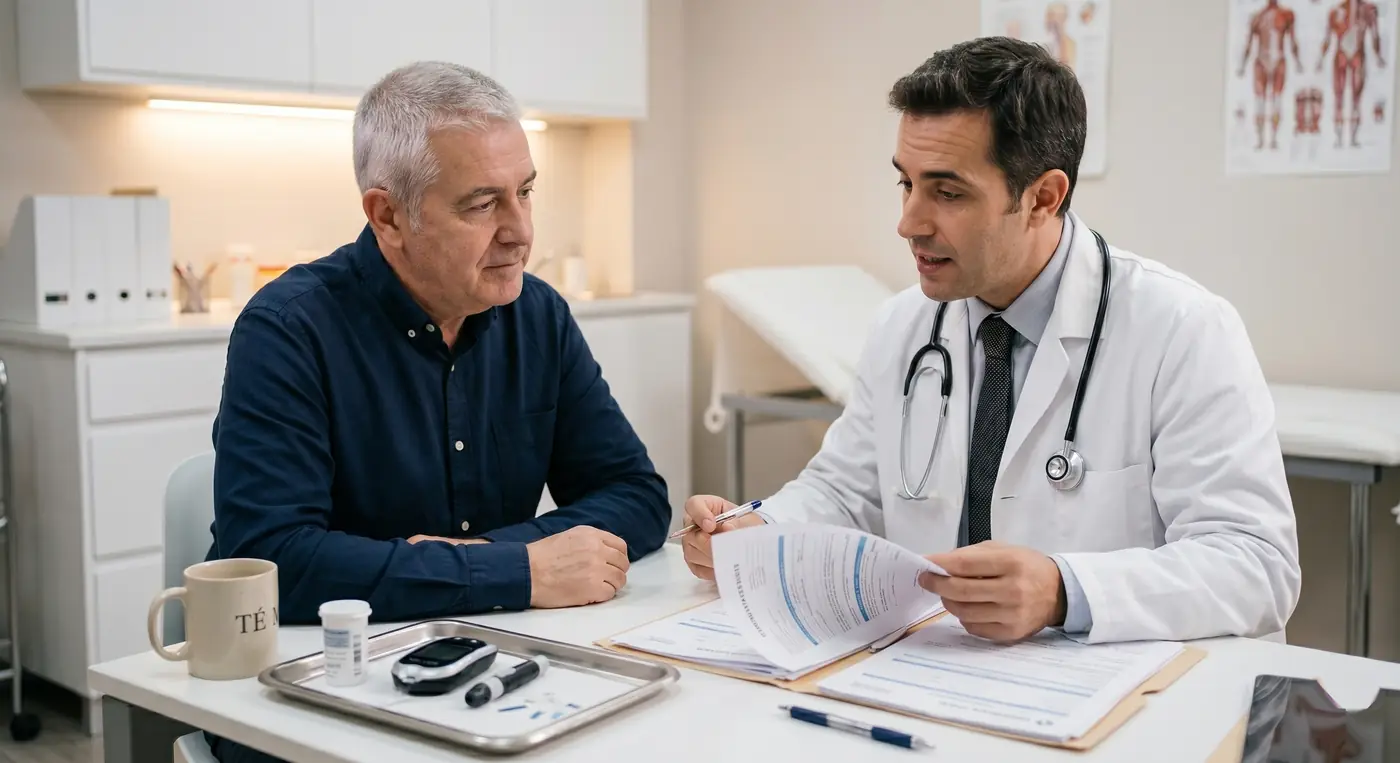Consulta médica con endocrinólogo para valorar complicaciones de diabetes ante el INSS