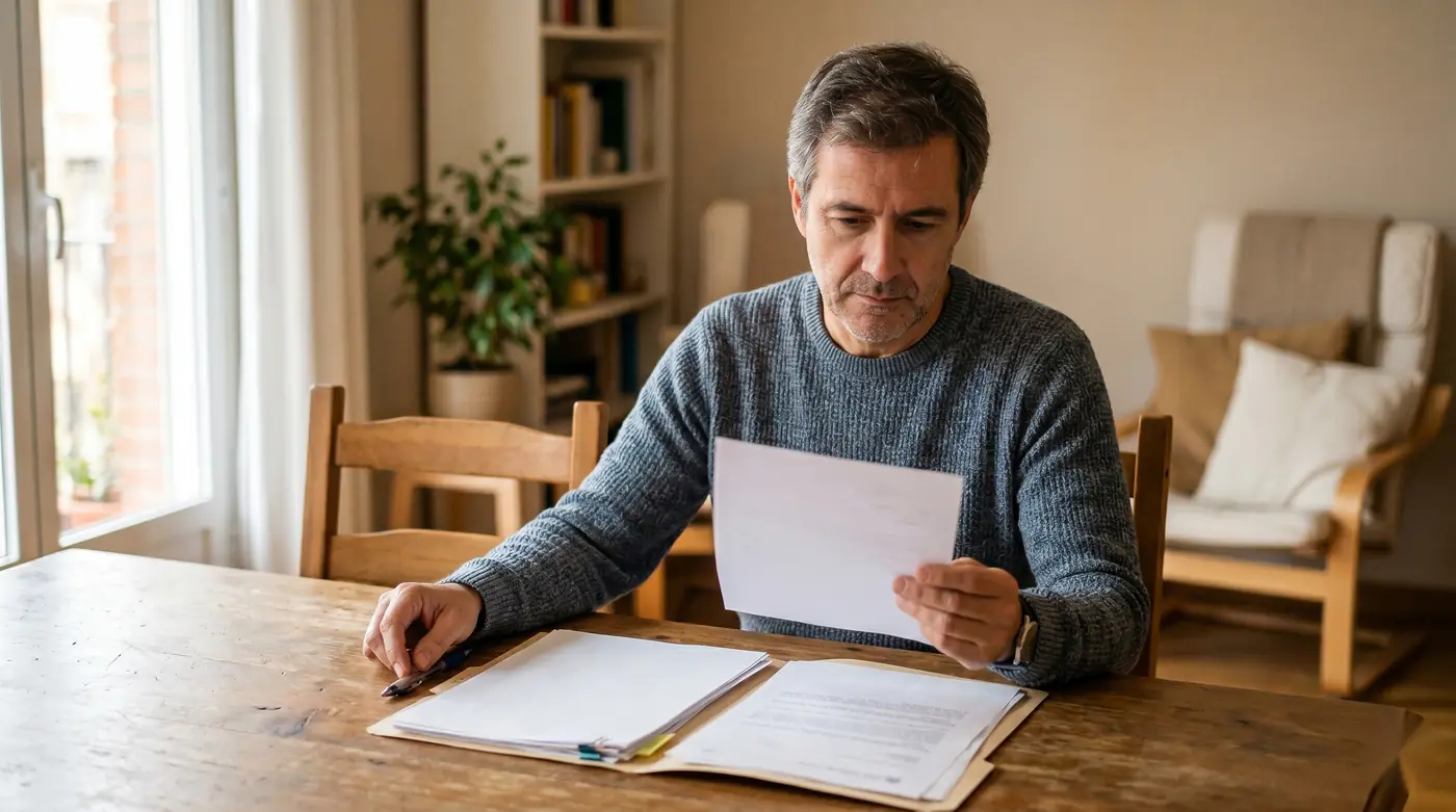 Persona divorciada revisando la resolución de incapacidad permanente y los papeles del divorcio