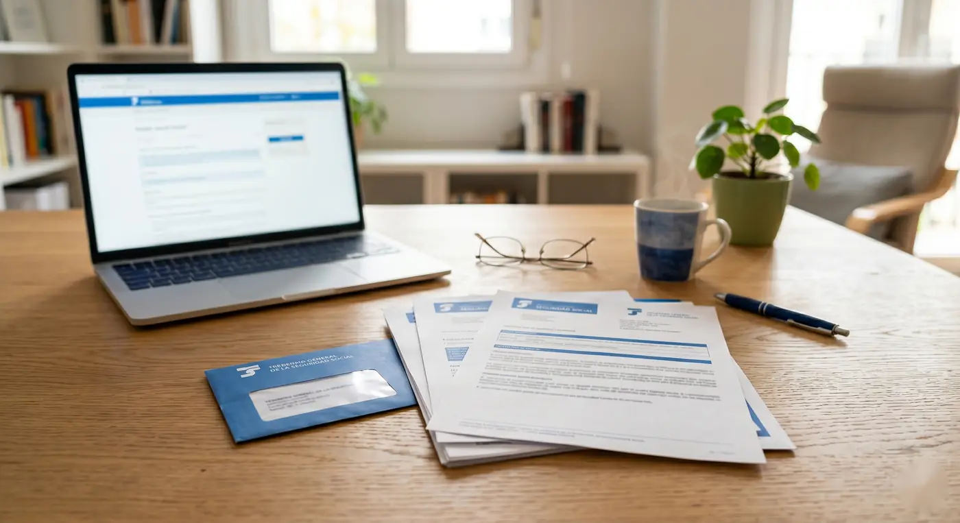 Documentos de pensión y carta de la Seguridad Social sobre una mesa para tramitar incapacidad permanente
