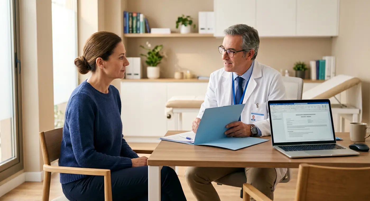 Mujer en consulta médica con el especialista del INSS para valoración de incapacidad permanente por ictus