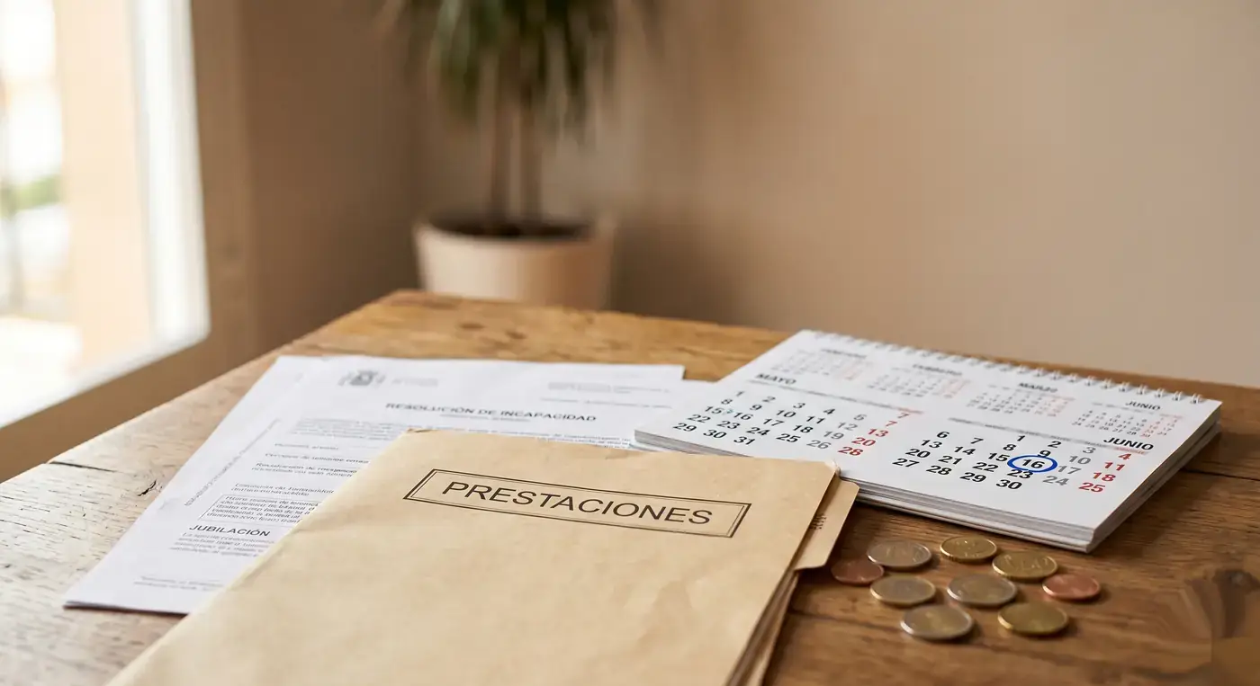 Documentos oficiales y calendario sobre mesa de madera para gestión de incapacidad permanente y jubilación