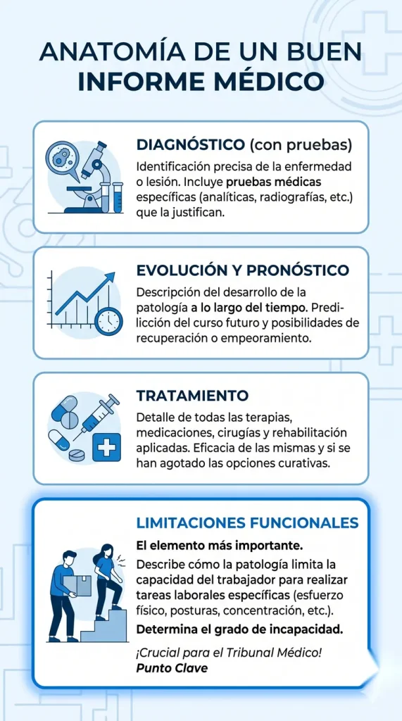 Infografía con los cuatro elementos de un buen informe médico para la incapacidad permanente: diagnóstico, evolución, tratamiento y limitaciones funcionales