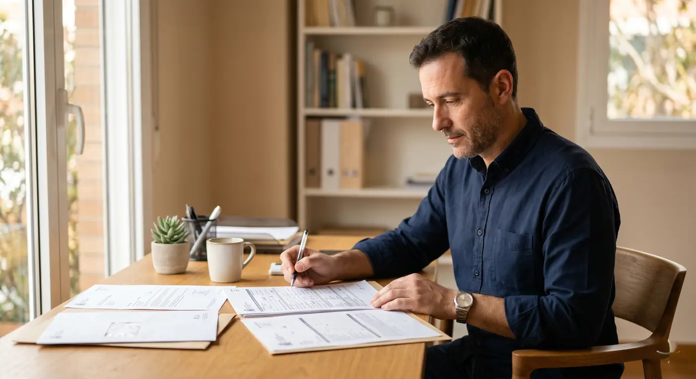 Hombre revisando documentos del INSS en su escritorio doméstico