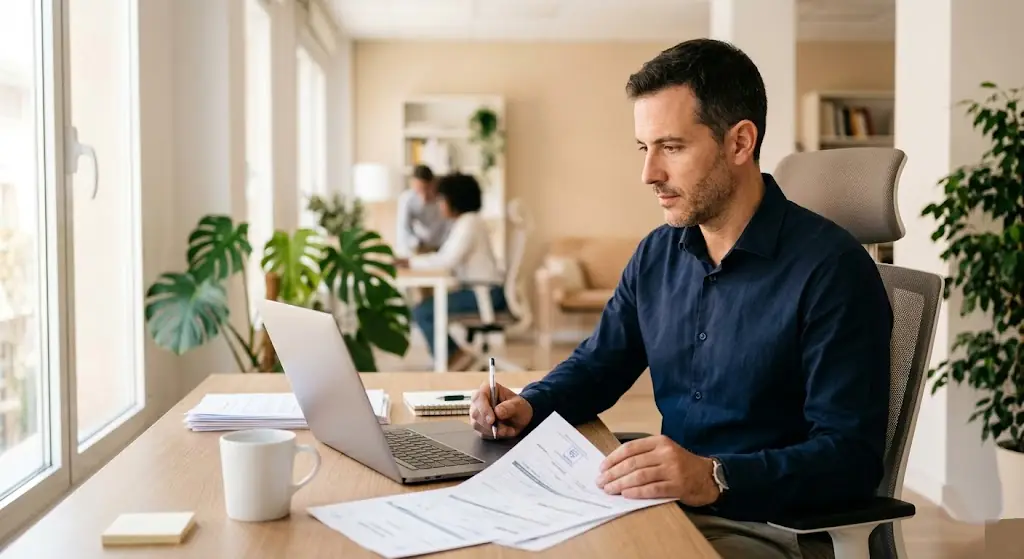 Empresario revisando documentación de inscripción en la Seguridad Social en su oficina