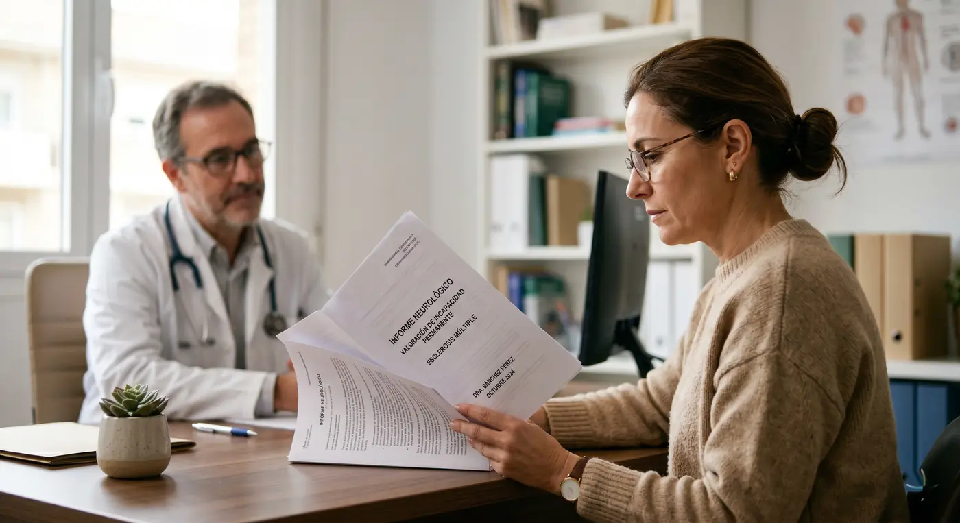 Mujer revisando informe neurológico en consulta médica sobre incapacidad permanente por esclerosis múltiple
