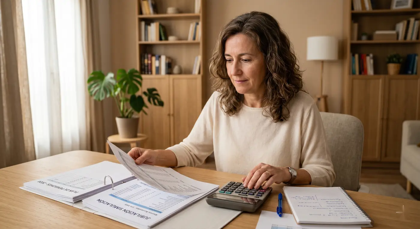 Mujer de unos 52 años haciendo cuentas en casa para planificar su pensión y cubrir lagunas de cotización