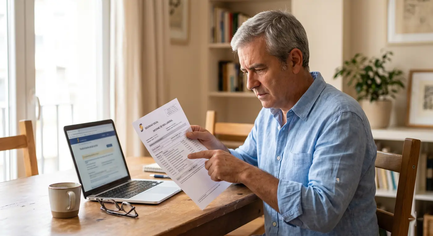 Hombre de unos 58 años revisando en casa su informe de vida laboral para detectar lagunas de cotización
