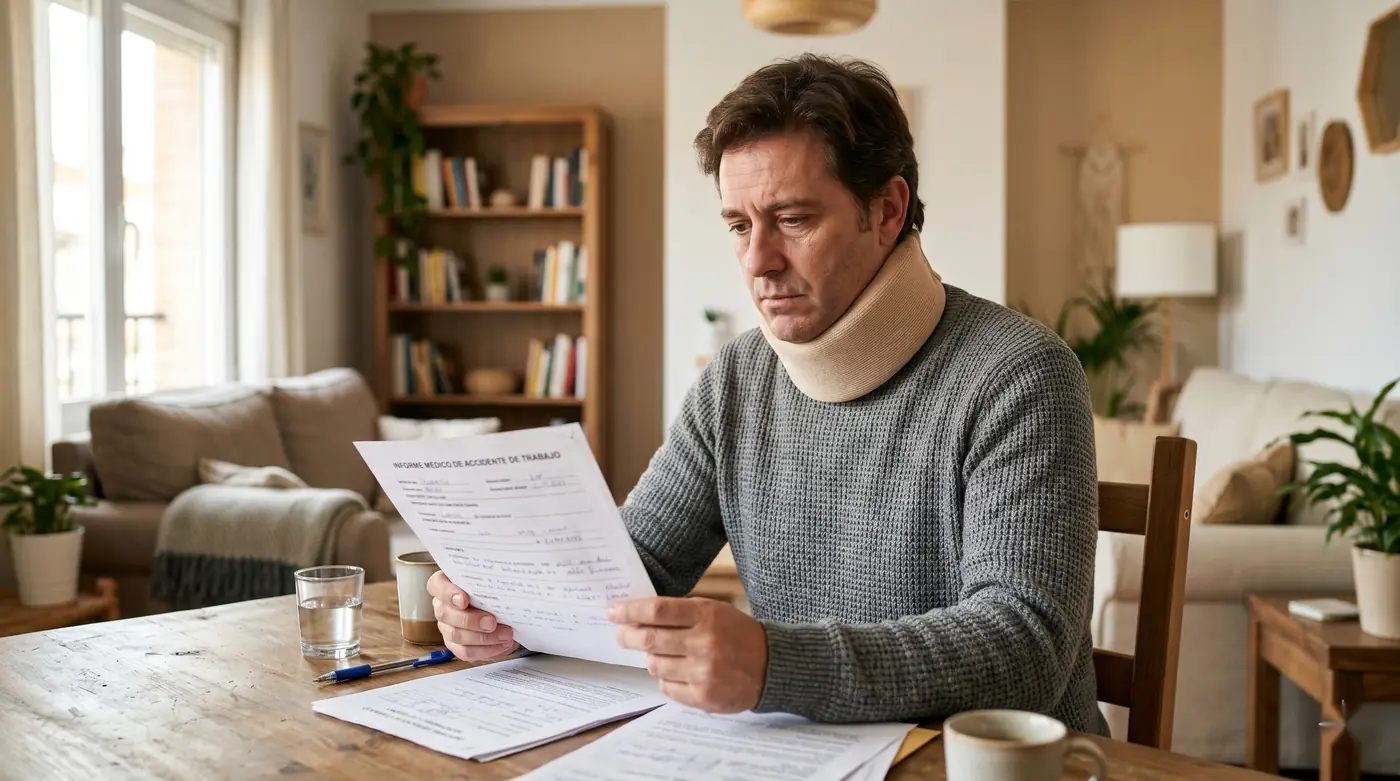 Trabajador con lesión cervical por accidente laboral revisando el informe de alta de la mutua