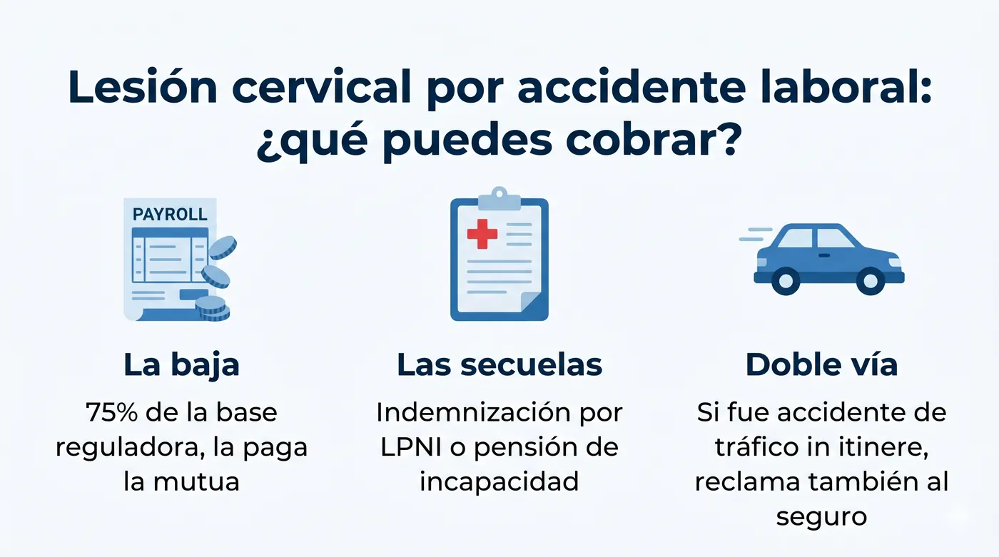 Infografía de las vías de indemnización por lesión cervical de accidente laboral: baja al 75%, LPNI o incapacidad, y doble vía si hay tráfico