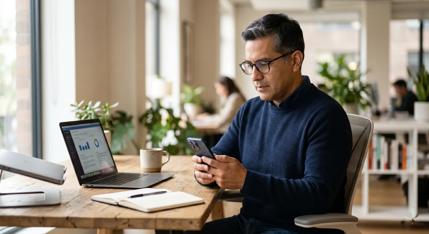 Autónomo consultando información de su mutua colaboradora en el móvil