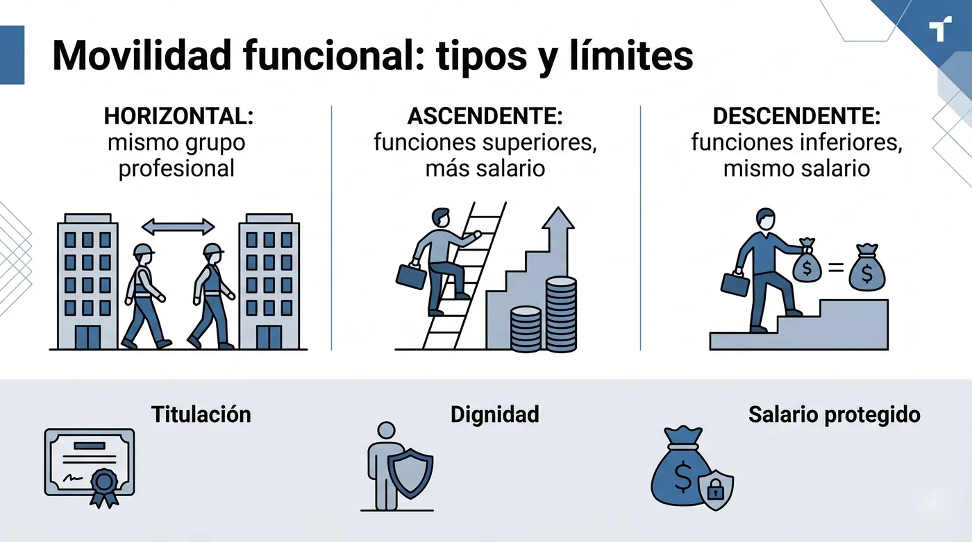 Infografía con los tipos de movilidad funcional y sus límites legales en España