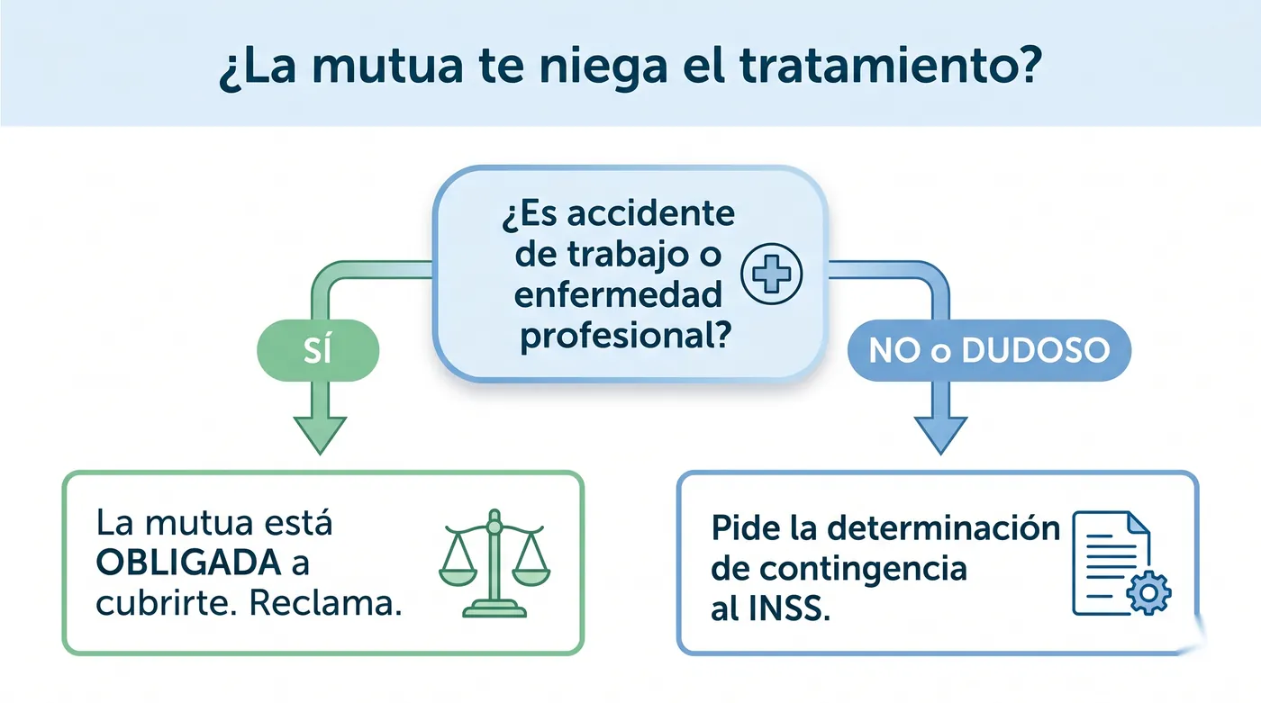 Infografía con árbol de decisión: si la mutua niega el tratamiento, comprobar si es accidente de trabajo o enfermedad profesional; si sí, la mutua está obligada y hay que reclamar; si no o es dudoso, pedir la determinación de contingencia al INSS