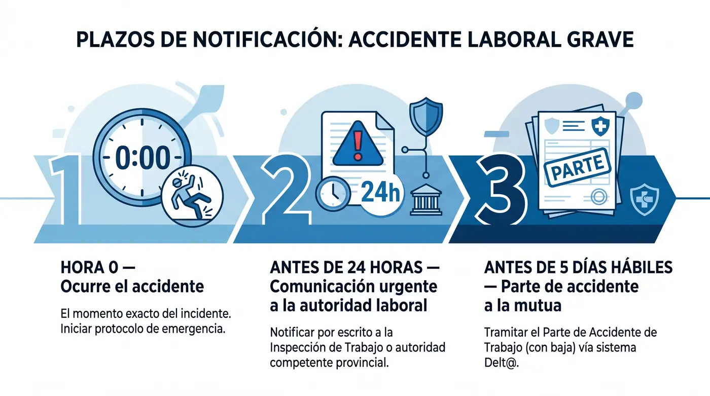 línea de tiempo con los plazos de notificación de un accidente laboral grave (24 horas y 5 días hábiles)