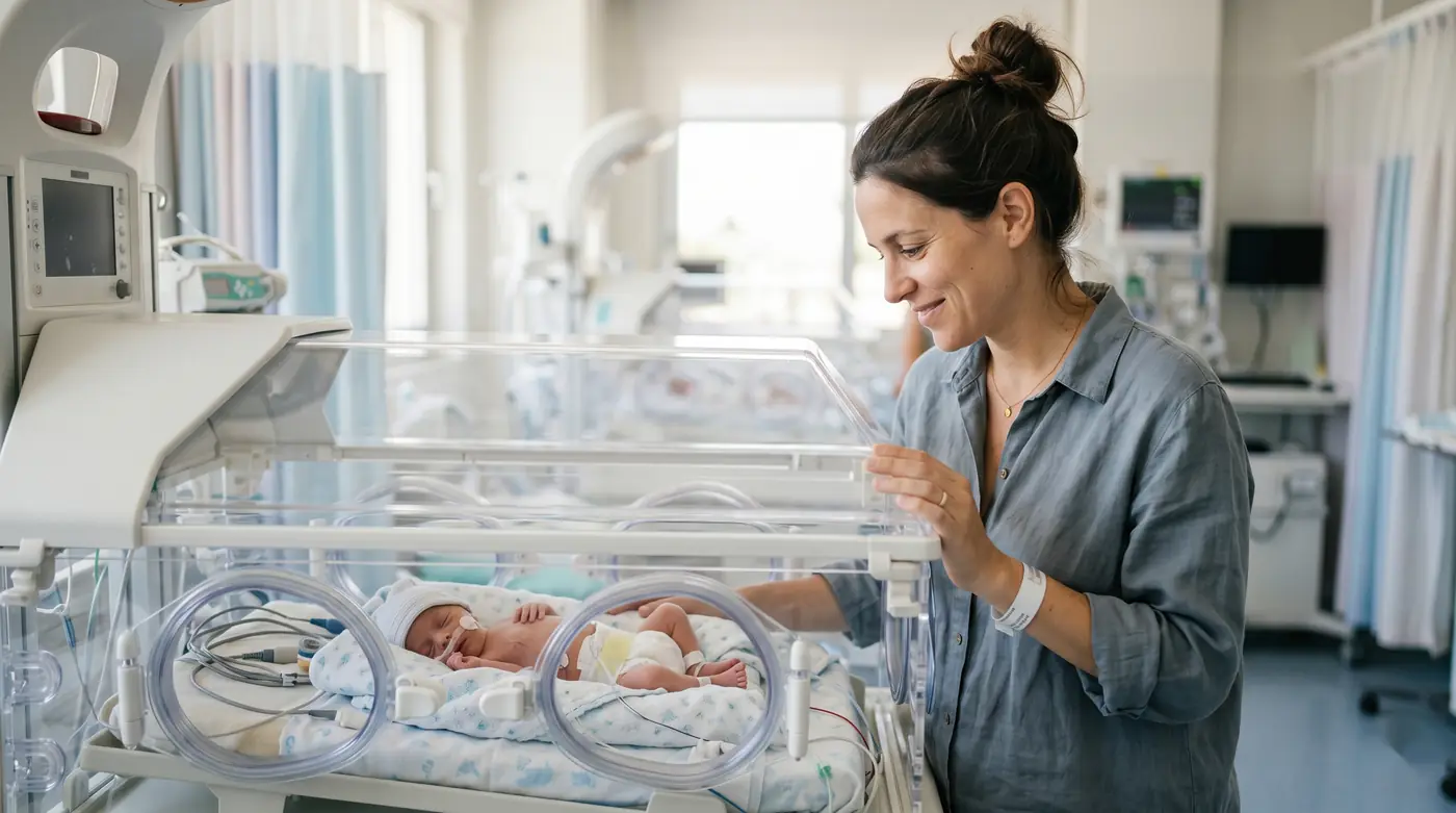 Madre junto a la incubadora de su bebé prematuro hospitalizado en una unidad de neonatología