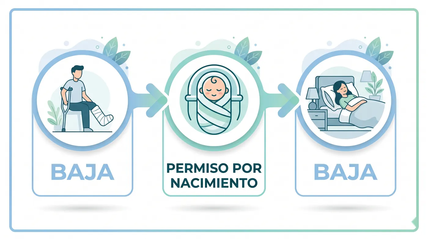 Infografía con la línea de tiempo de cómo se ordenan la baja médica y el permiso por nacimiento