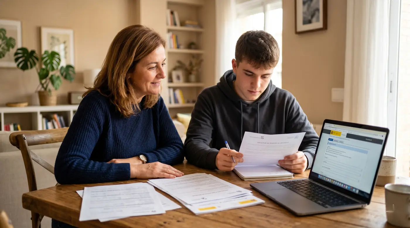 Una madre y su hijo joven revisan juntos en casa la documentación para solicitar la pensión de orfandad