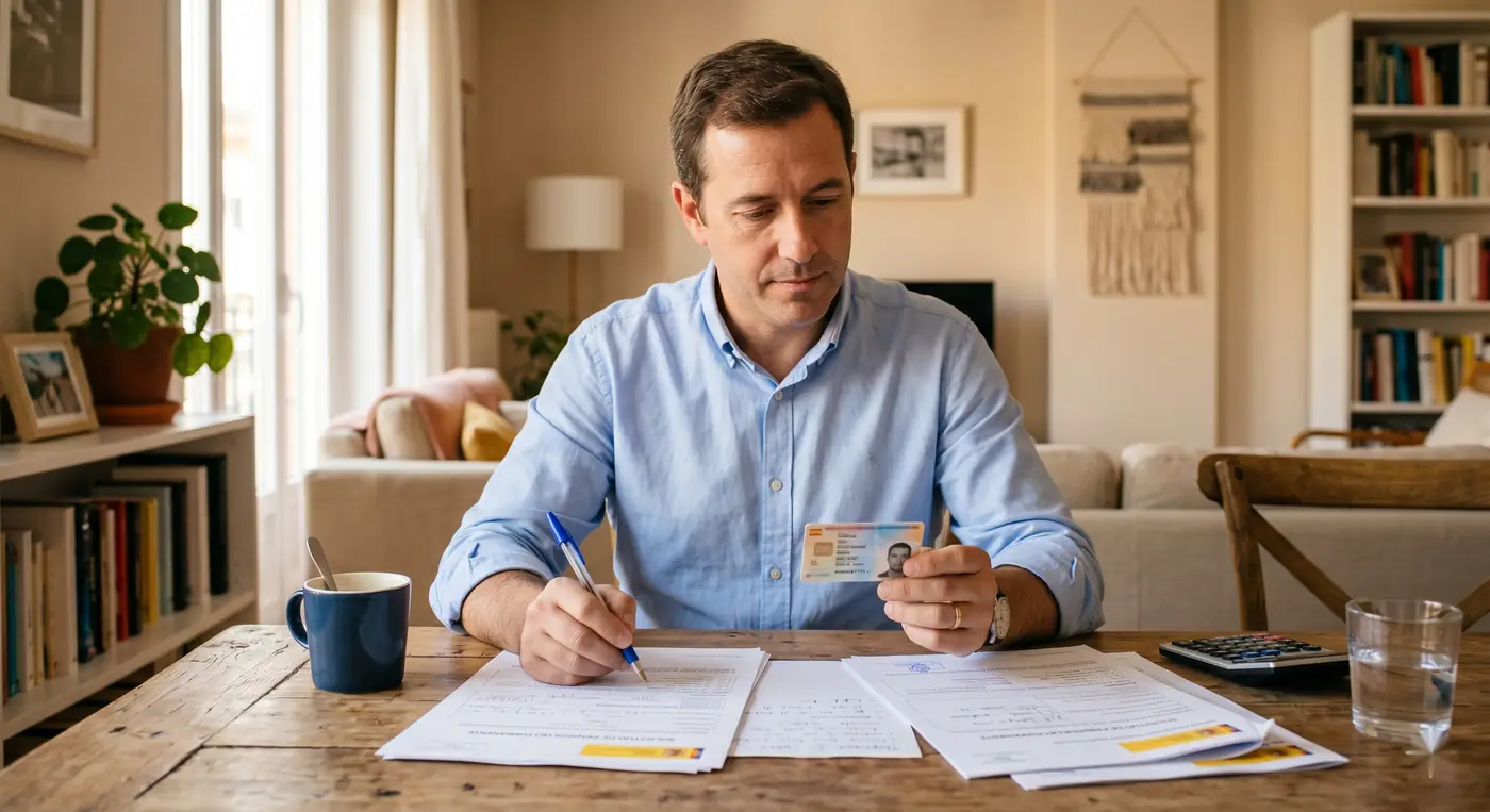 Hombre revisando la documentación para solicitar la pensión no contributiva de invalidez en casa