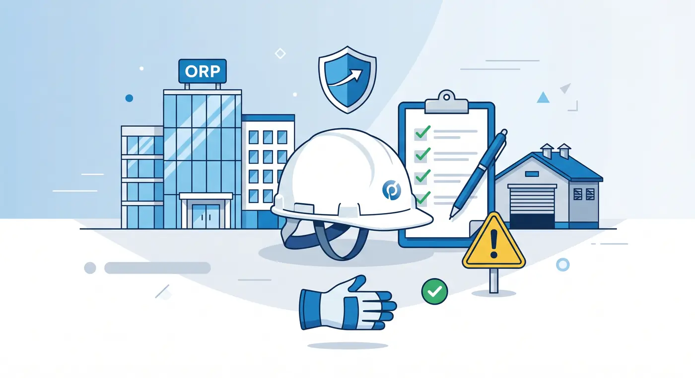 Infografía sobre la prevención de riesgos laborales en la empresa: casco, checklist y modalidades de organización preventiva