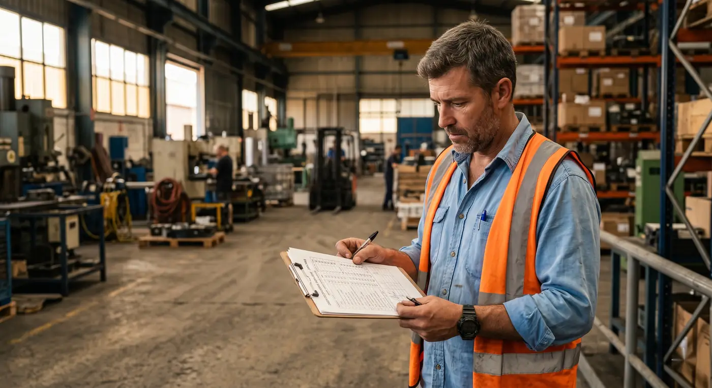 Técnico de prevención con chaleco de alta visibilidad revisando el plan de prevención de riesgos laborales en una nave industrial