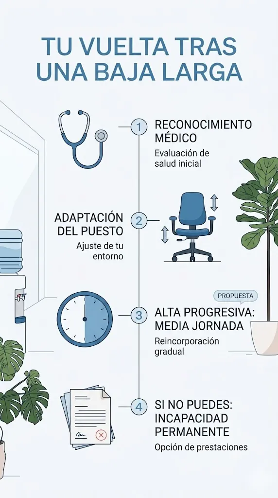 Infografía con los pasos de la vuelta gradual al trabajo tras una baja larga: reconocimiento médico, adaptación del puesto, alta progresiva (propuesta) e incapacidad permanente