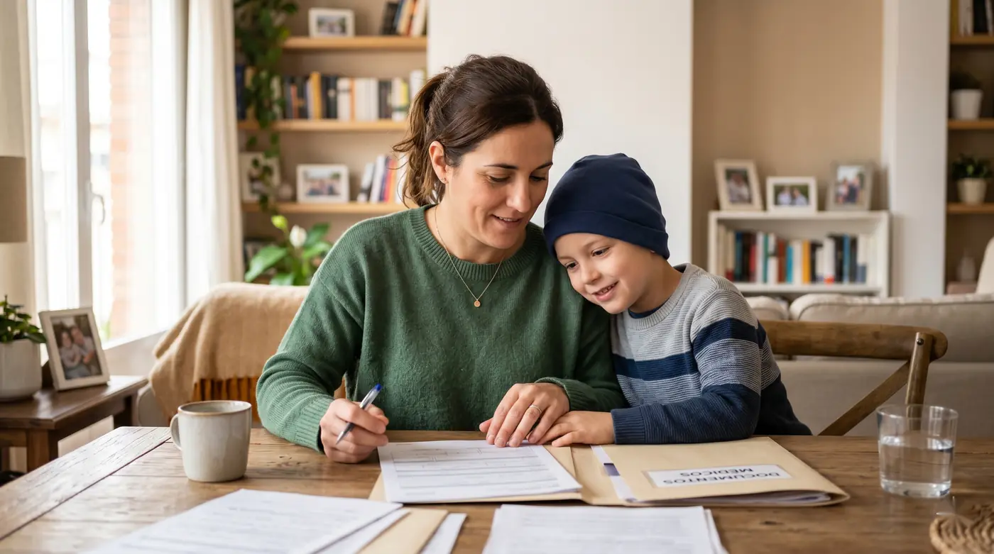 Madre revisando la solicitud de la prestación junto a su hijo en tratamiento