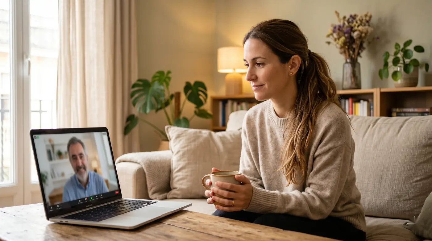 Persona en una sesión de terapia online con un psicólogo durante una baja por ansiedad