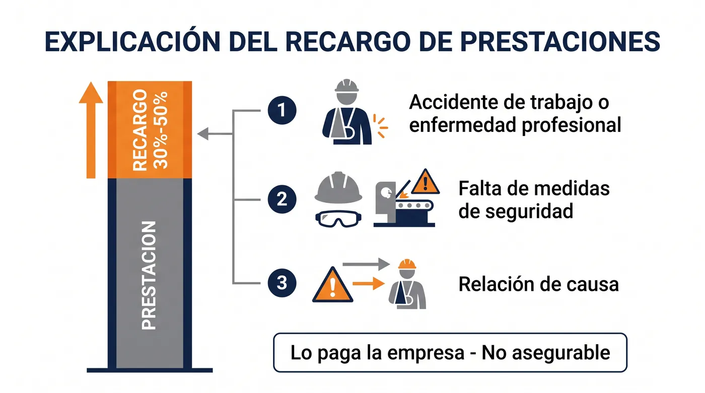 Infografía que muestra que el recargo aumenta la prestación entre un 30% y un 50% y lo paga la empresa