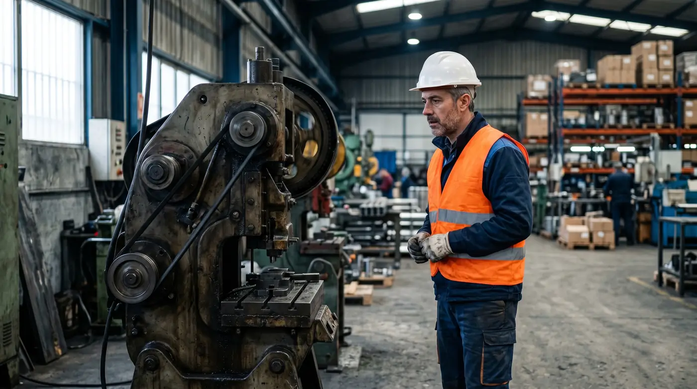Trabajador con casco y chaleco junto a una máquina industrial sin resguardo de protección