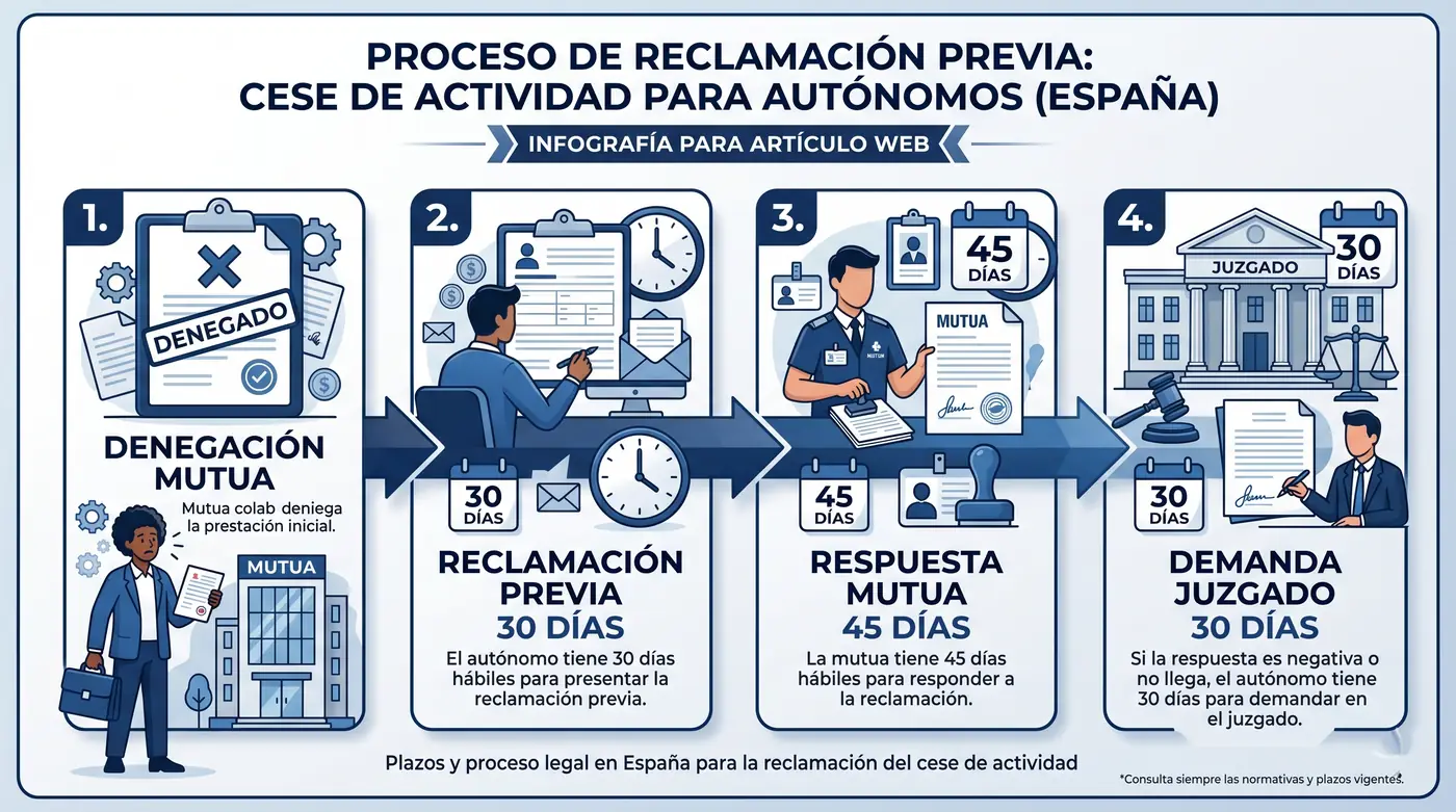 Línea de tiempo con los plazos de la reclamación previa por cese de actividad: 30 días para reclamar, 45 días de respuesta de la mutua y 30 días para demandar al juzgado