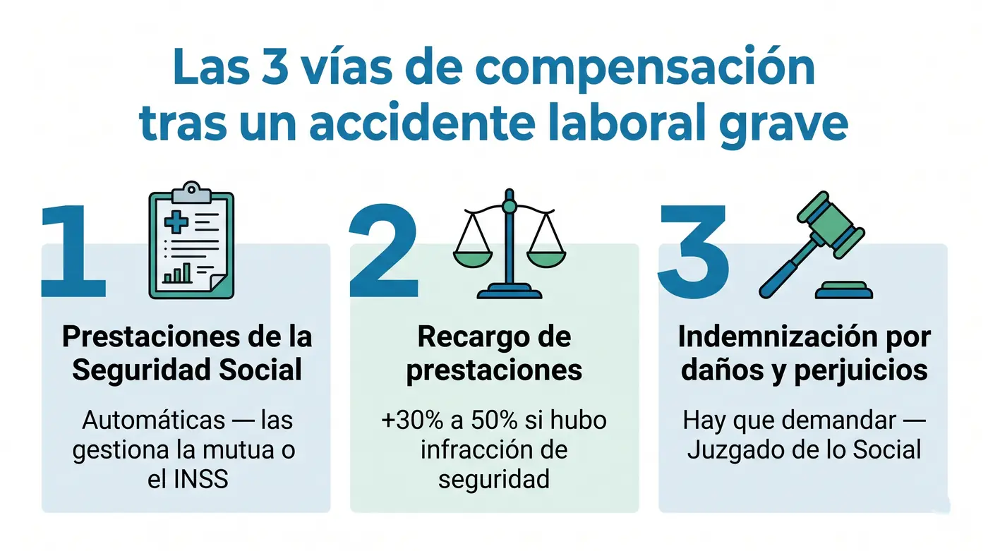 Infografía con las tres vías de compensación tras un accidente laboral: prestaciones, recargo e indemnización por daños y perjuicios